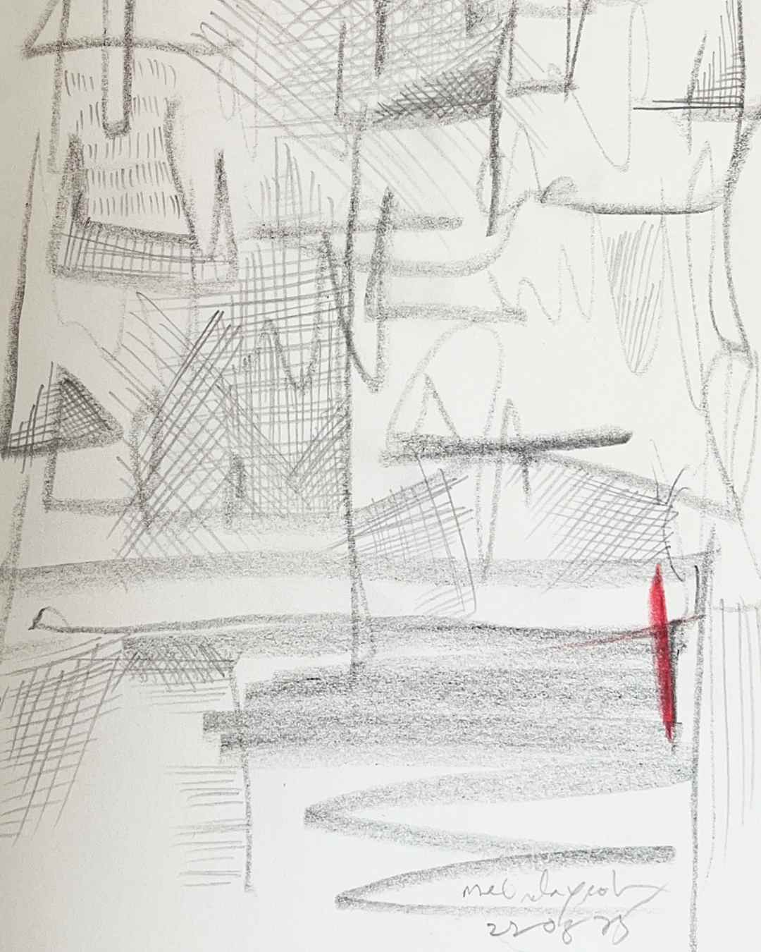 Intuitive Abstract black line drawing on a white background with a red accent by Melinda Yeoh art
