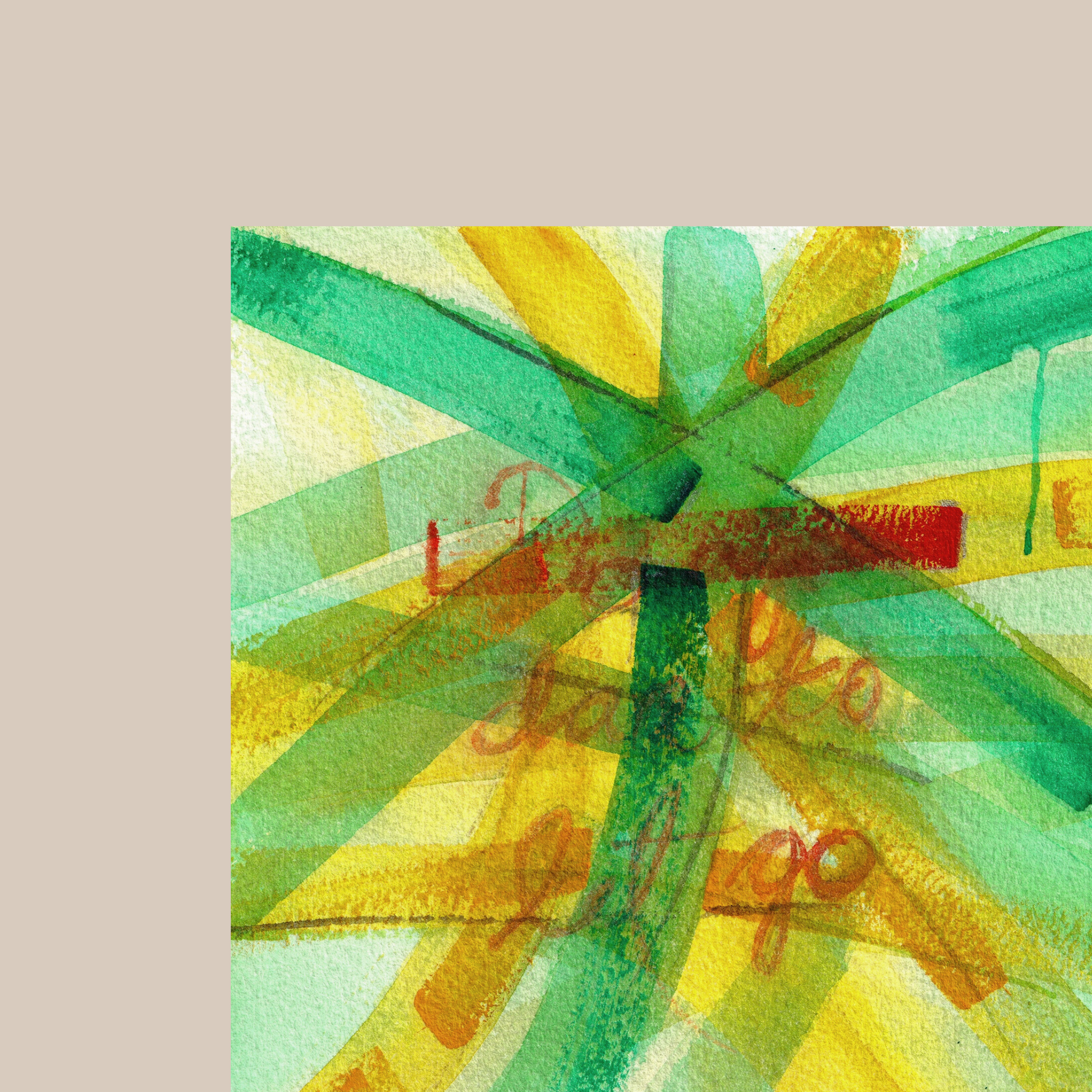 Close-up of square colourful abstract painting art print with expressive brushstrokes with handwritten words dare to let go.