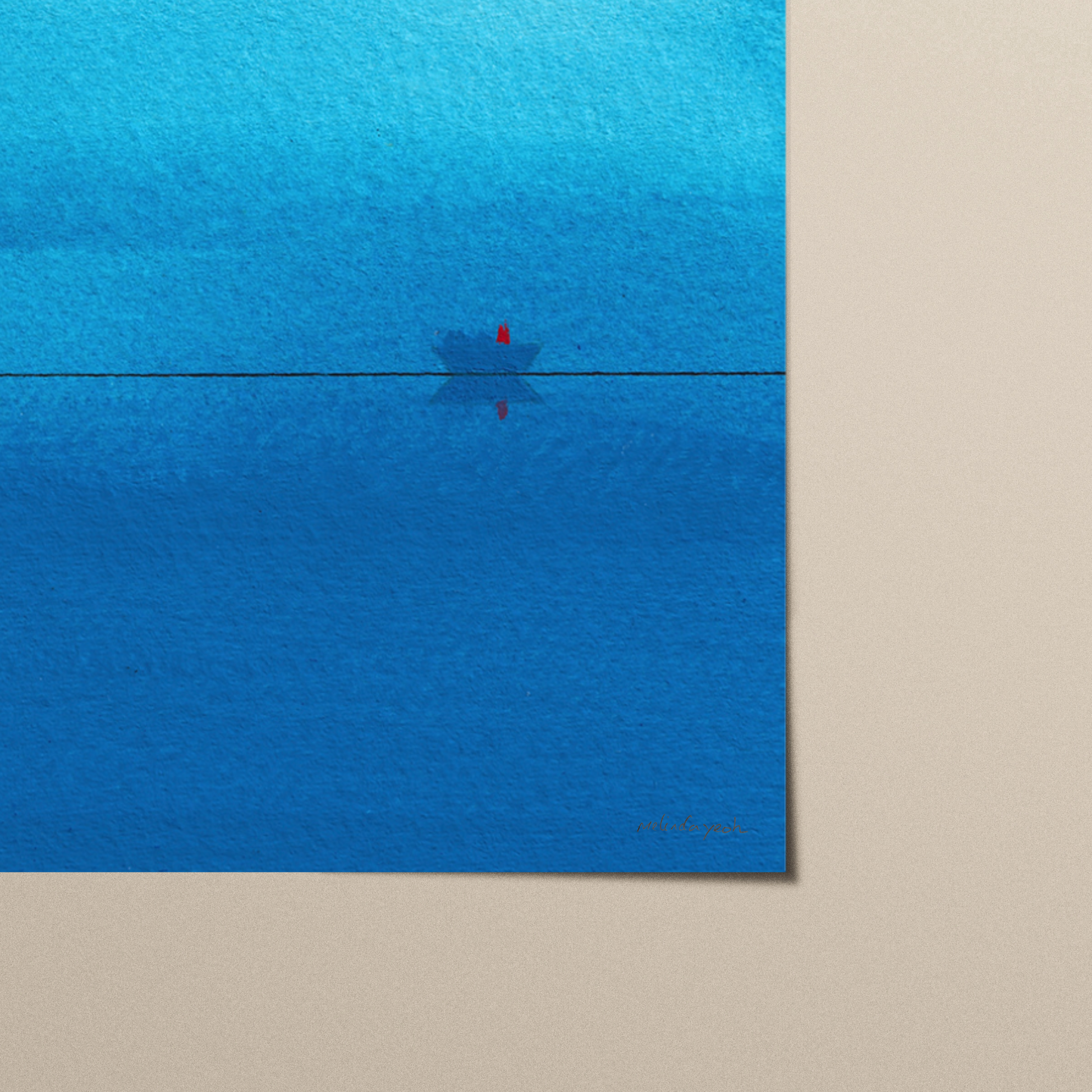 Close up of blue abstract art print with an abstract boat and a red mark on thin black lines.