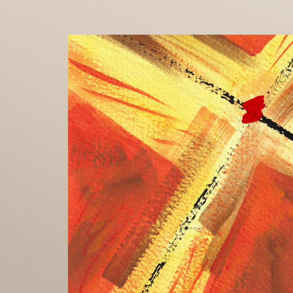 Close-up of reddish orange and golden yellow abstract painting art print with expressive brushstrokes with a dot of red paint, spiritual modern art print.