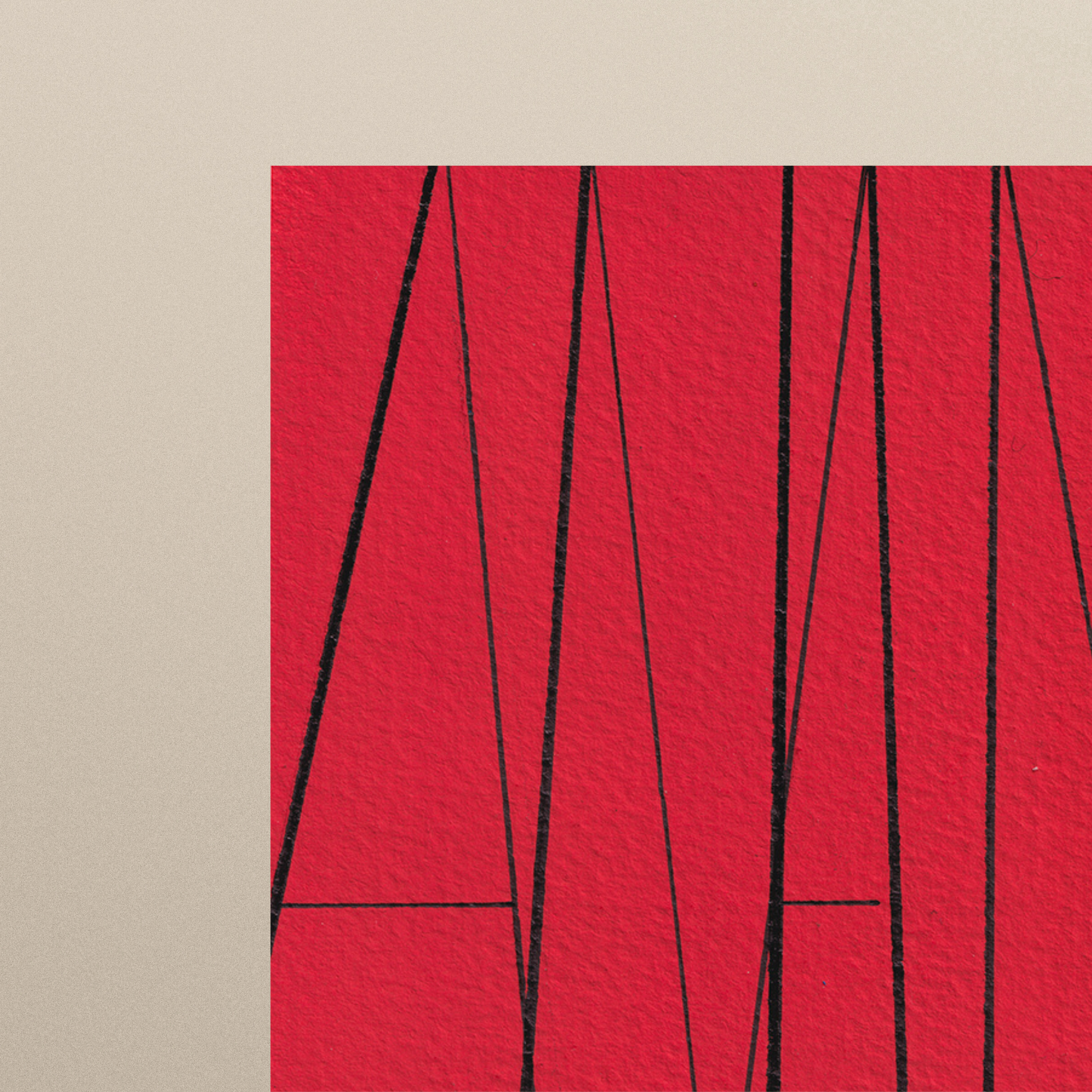 Close-up of red abstract art print with the word ‘AMEN’ formed by thin black lines on matt paper.