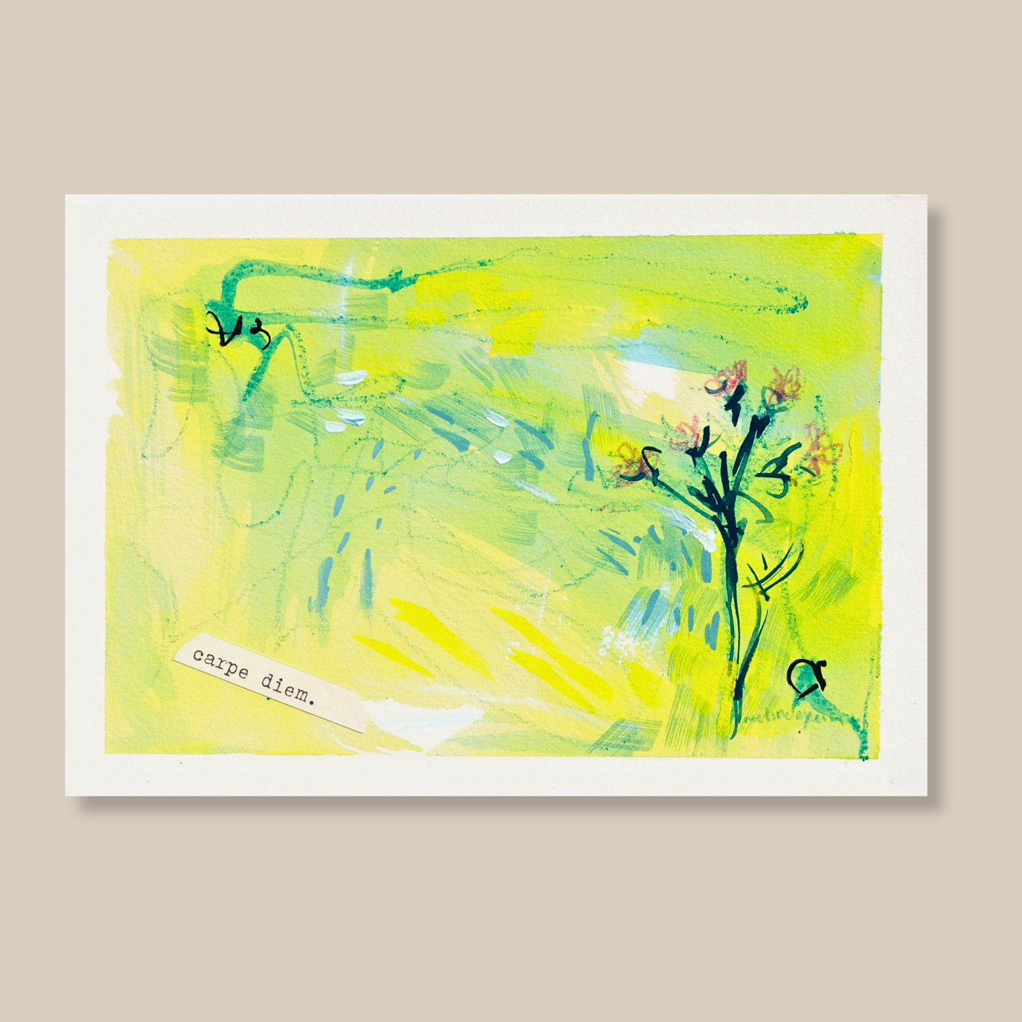 Cheerful blue, green, yellow, pink abstract mixed media painting with flowers, typewritten text 'Carpe Diem' on a smooth hot-pressed watercolour paper on a beige background