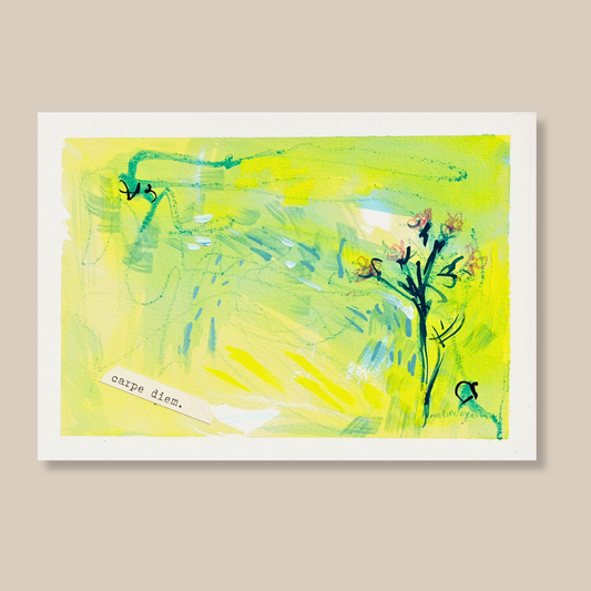 Cheerful blue, green, yellow, pink abstract mixed media painting with flowers, typewritten text 'Carpe Diem' on a smooth hot-pressed watercolour paper on a beige background