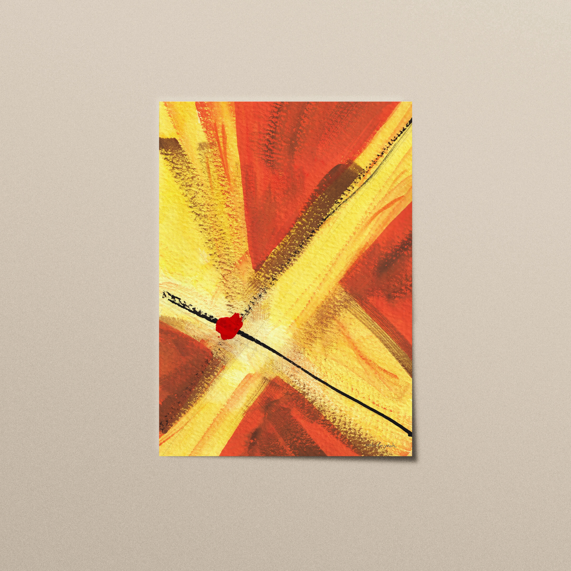 Reddish orange and golden yellow abstract painting art print with expressive brushstrokes with a dot of red paint, spiritual modern art print.
