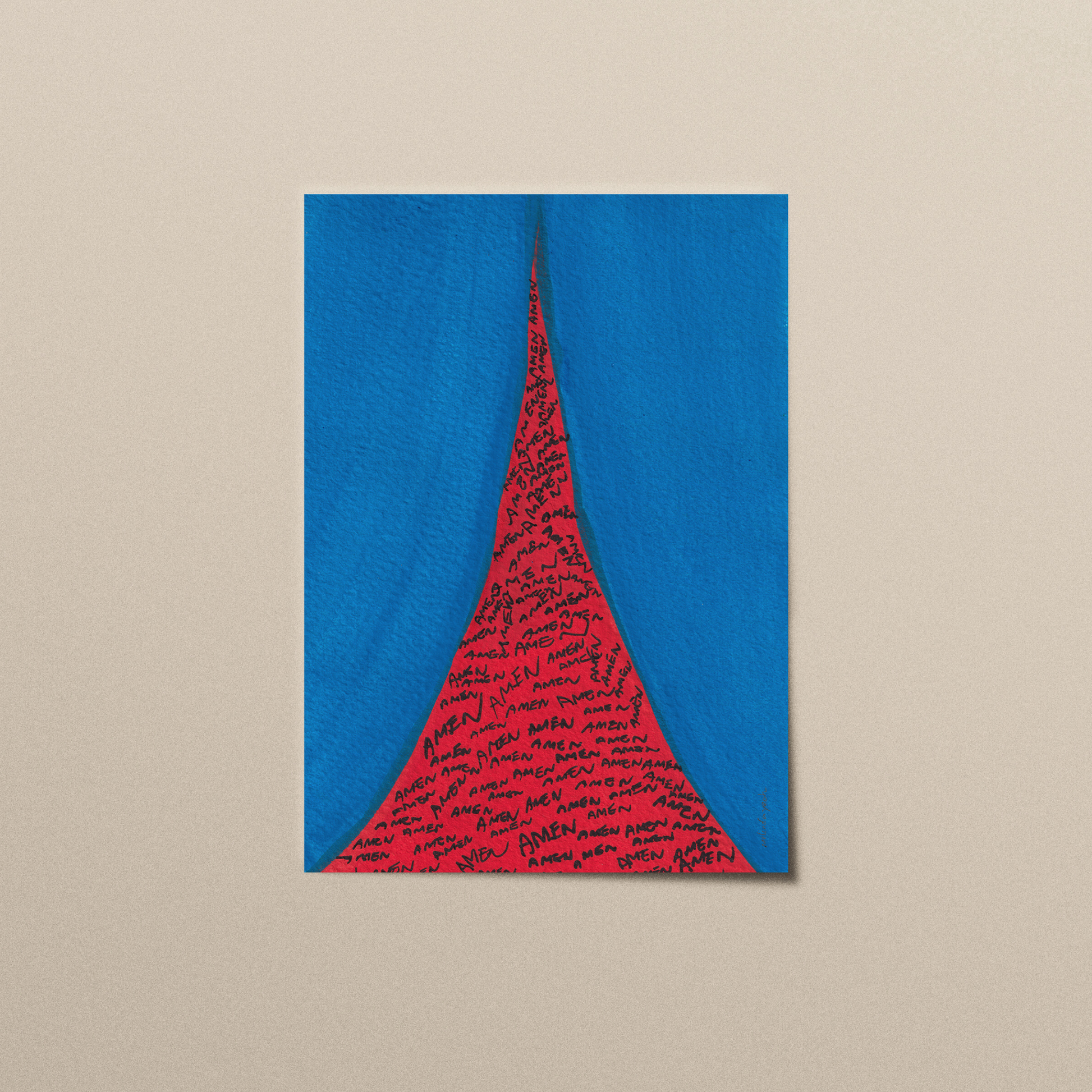 Red and blue abstract art print with the handwritten words ‘AMEN’ on matt paper.