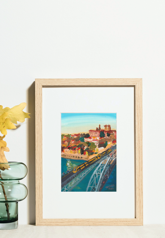 Framed painting of Metro train on Dom Luís I Bridge (Ponte de Dom Luís I) over Douro river with the Porto cityscape in the background