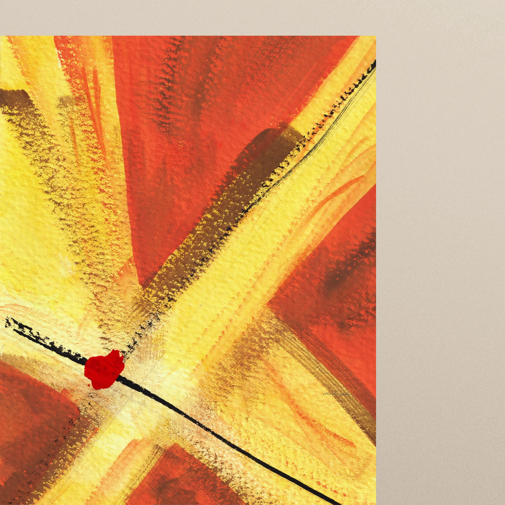Close-up of reddish orange and golden yellow abstract painting art print with expressive brushstrokes with a dot of red paint, spiritual modern art print.