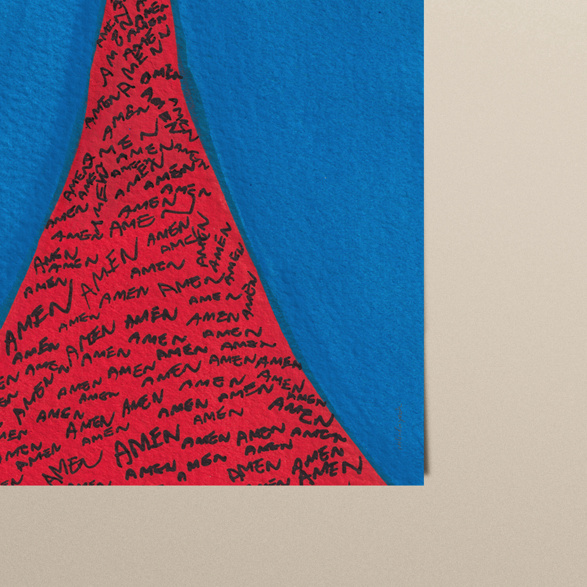 Close-up of red and blue abstract art print with the handwritten words‘AMEN’ formed by thin black lines on matt paper.