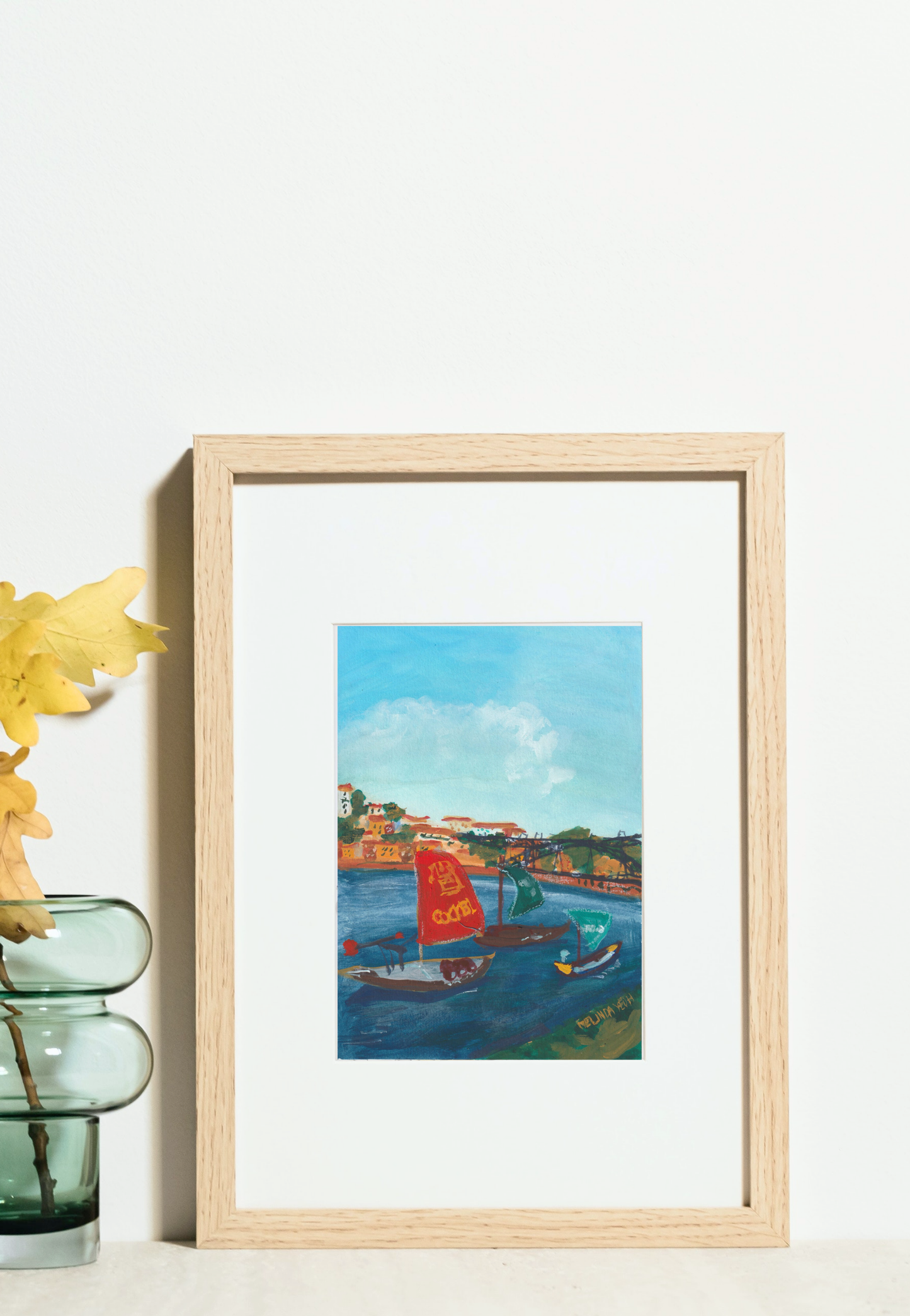 Framed painting of boats on Douro River with Porto historical houses and Dom Luís I Bridge (Ponte de Dom Luís I) in the background.