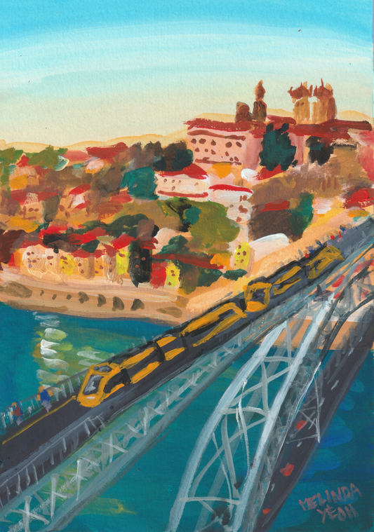 Painting of Metro train on Dom Luís I Bridge (Ponte de Dom Luís I) over Douro river with the Porto cityscape in the background