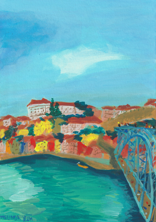 Painting of Dom Luís I Bridge (Ponte de Dom Luís I) over Douro river with the colourful houses of Porto historical centre in the background