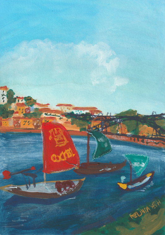 Painting of boats on Douro River with Porto historical houses and Dom Luís I Bridge (Ponte de Dom Luís I) in the background.