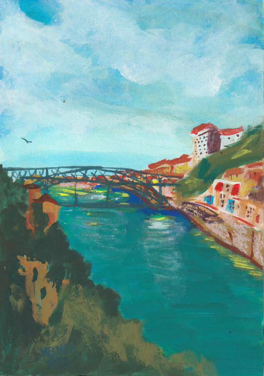 Painting of Douro river scene with Porto historical houses and Dom Luís I Bridge (Ponte de Dom Luís I) under a blue sky viewed from Gaia.