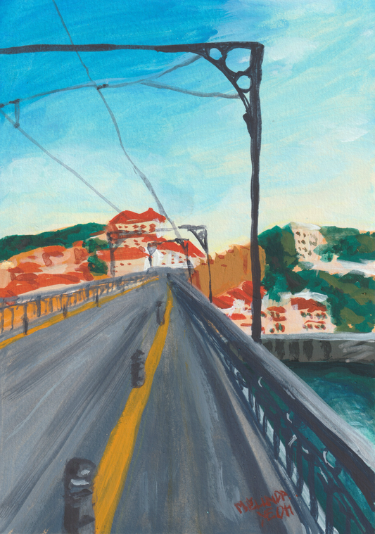 Painting of pedestrian and Metro crossing of Dom Luís I Bridge (Ponte de Dom Luís I) with Porto historical buildings cityscape in the background