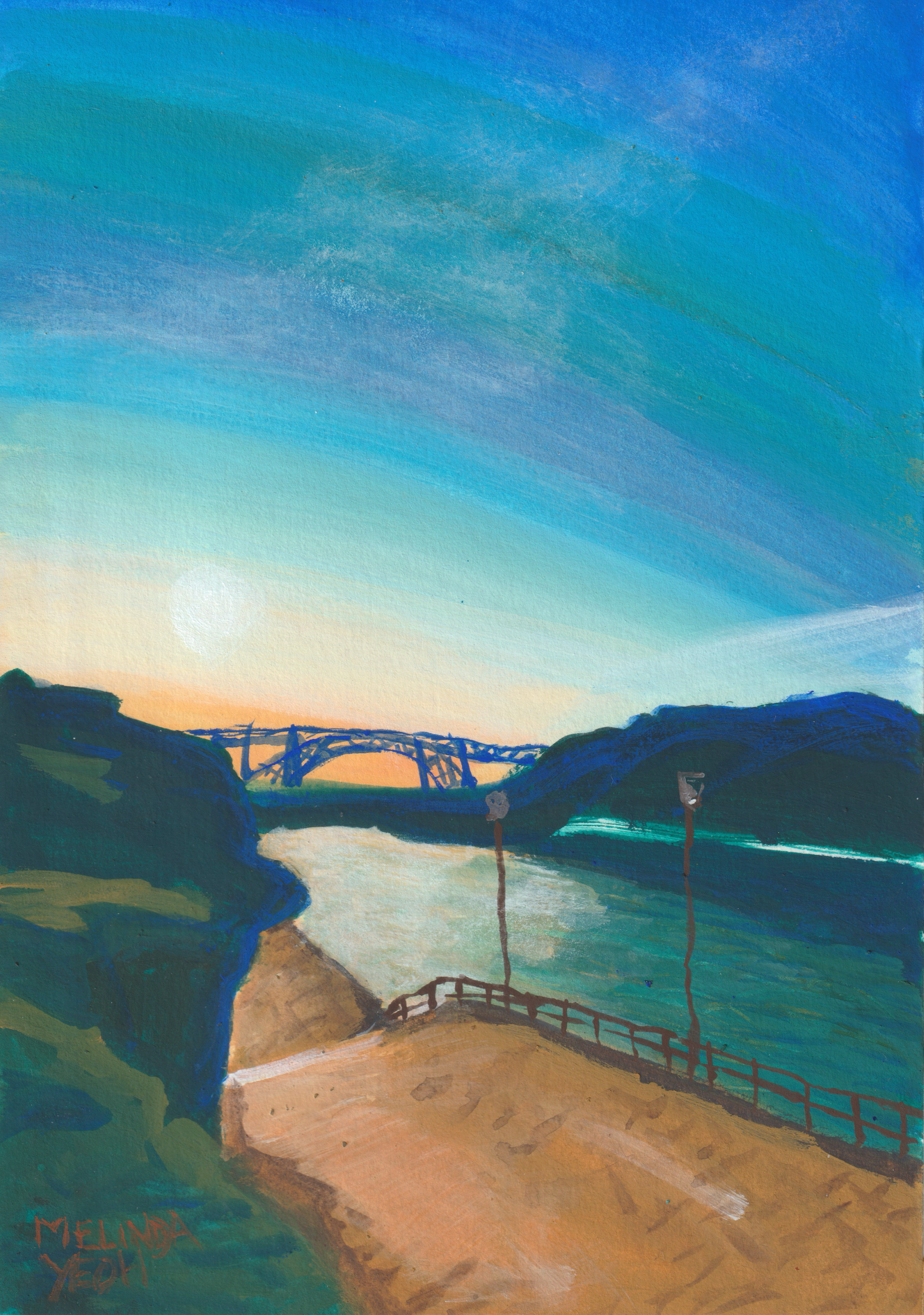 Painting of Dom Luís I Bridge (Ponte de Dom Luís I) with expansive sky viewed from Gaia