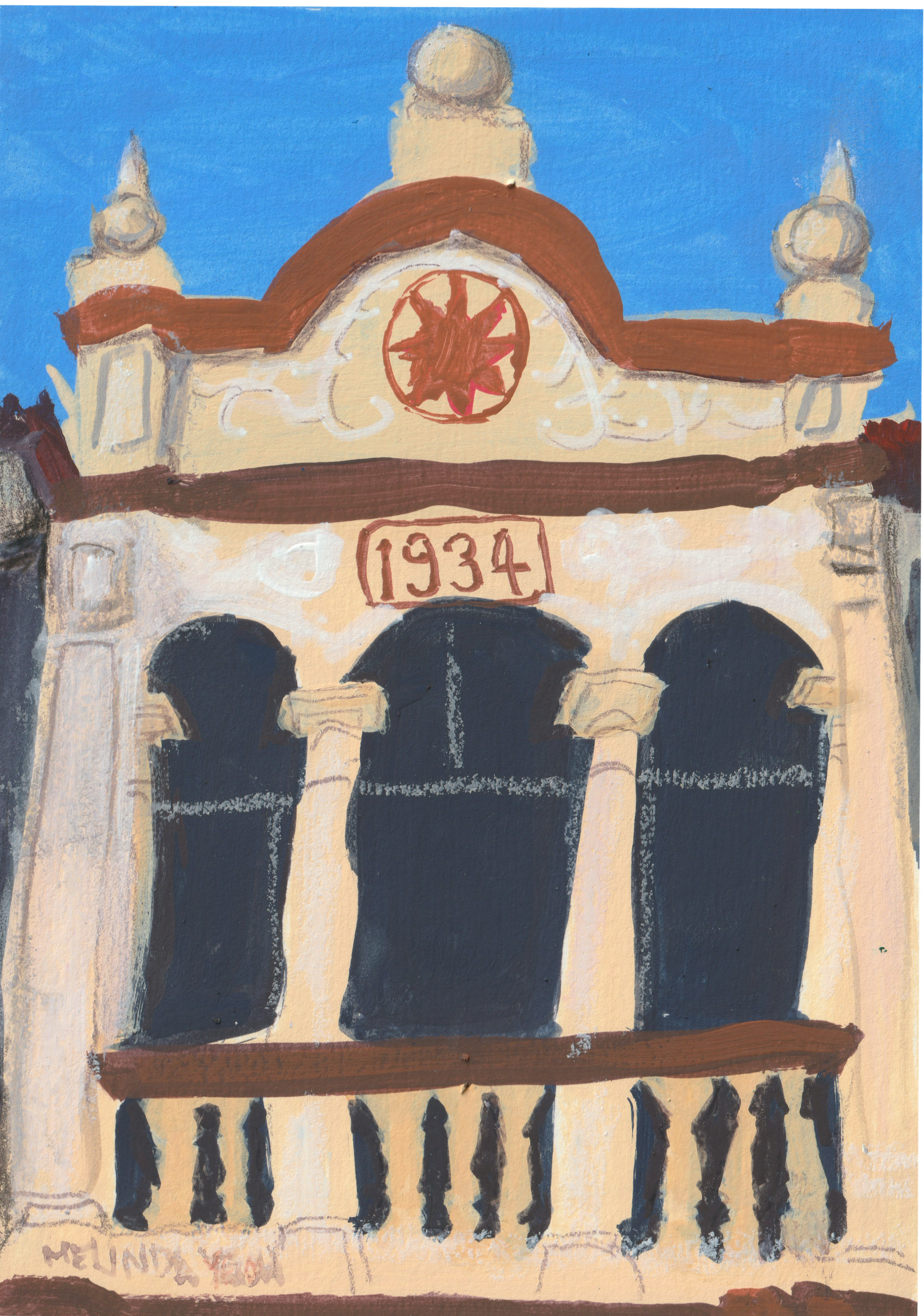 Painting of decorative architectural facade with '1934' and a red emblem on a blue sky background in Penang