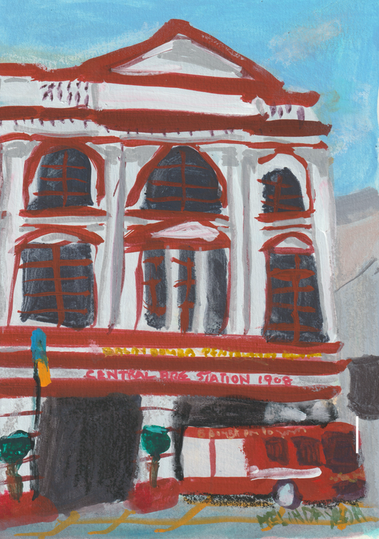 Painting of Penang Central Fire station with a fire truck in front, featuring red, white, and dark brown colours against blue sky.