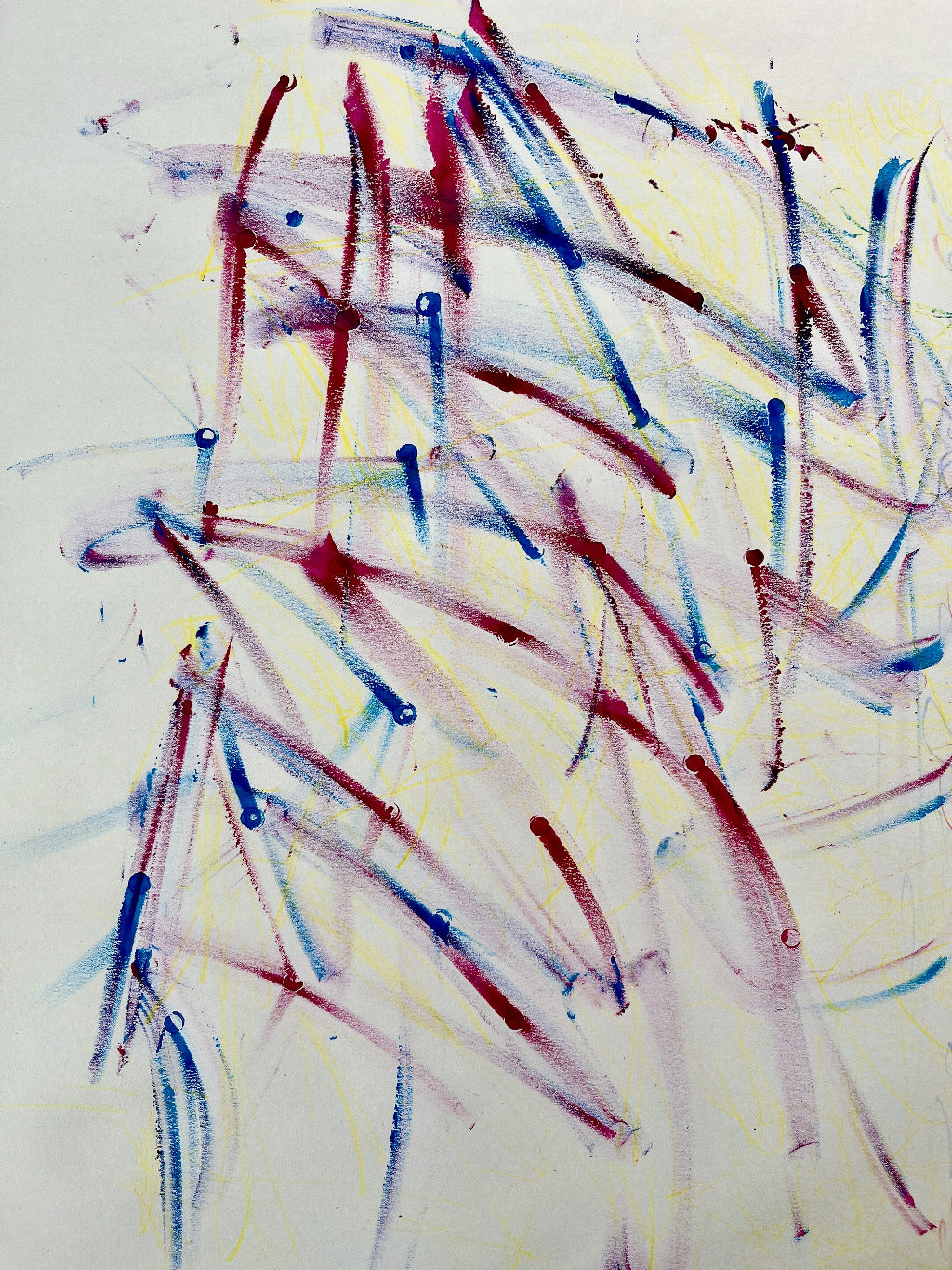Intuitive abstract art with red and blue strokes on a light background by Melinda Yeoh Art from monologue\worship/conversations series