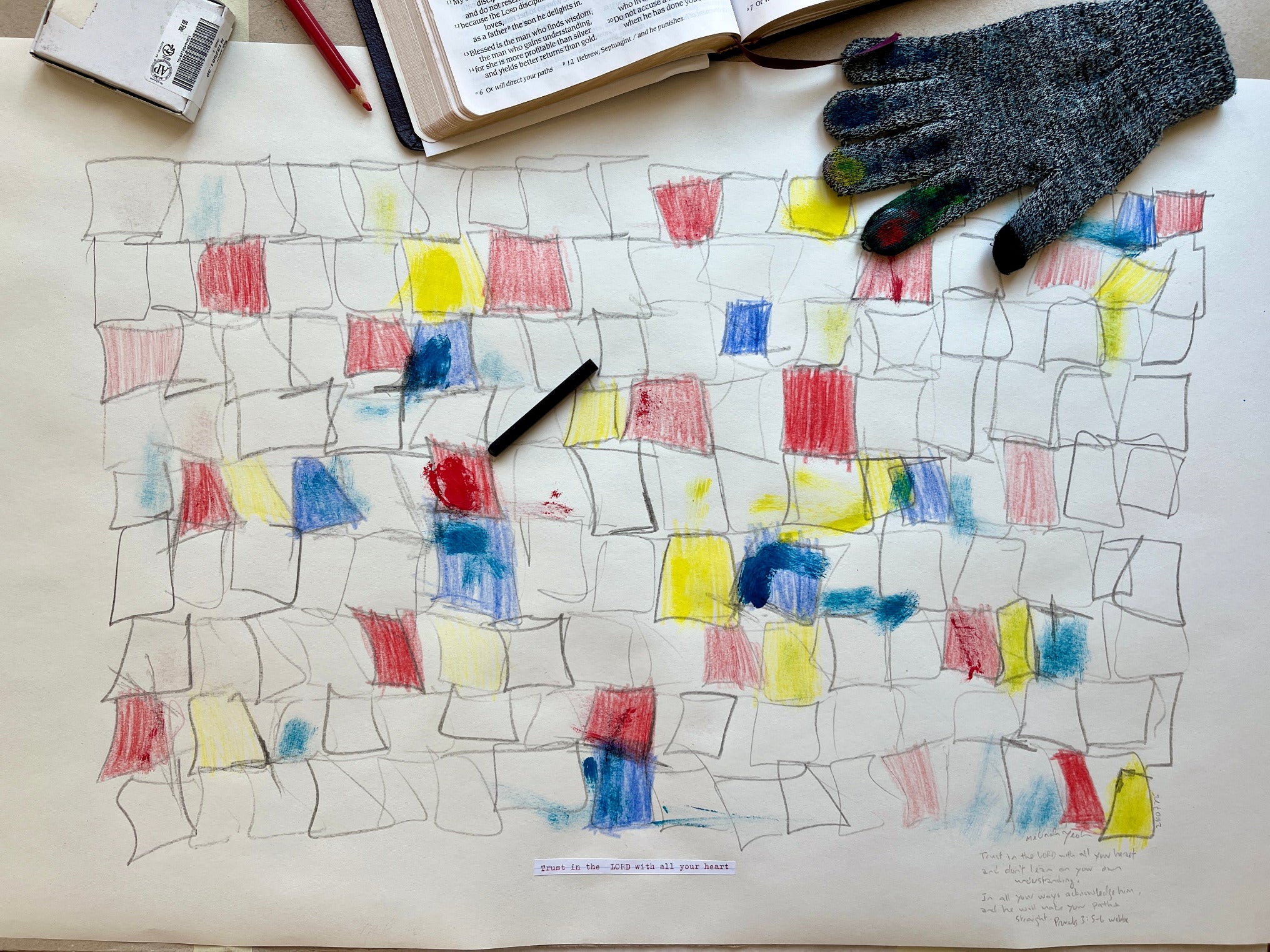 intuitive primary colour intuitive abstract drawing on a piece of paper, with vintage typewritten text 'Trust in the Lord with all your heart', with a glove and book in the background by Melinda Yeoh Art from monologue\worship/conversations series