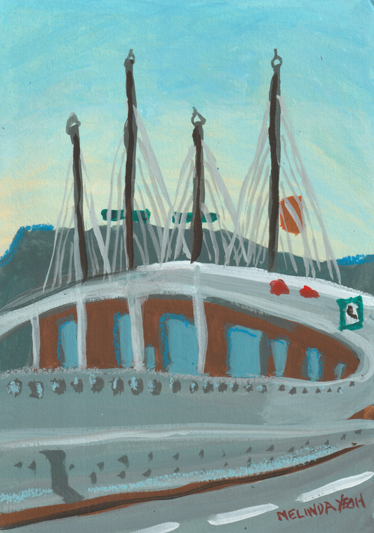 Painting of Penang Second Bridge. Artistic depiction of a bridge with orange cars, surrounded by blue sky.