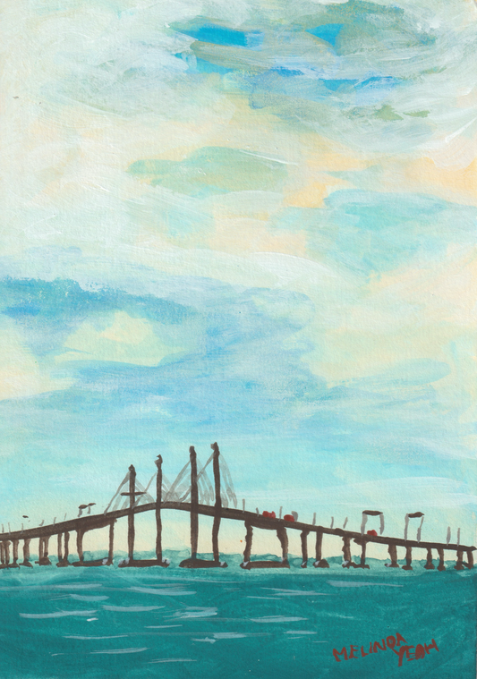 Painting of Penang Second Bridge.Artistic depiction of a bridge with orange cars, surrounded by blue sky.