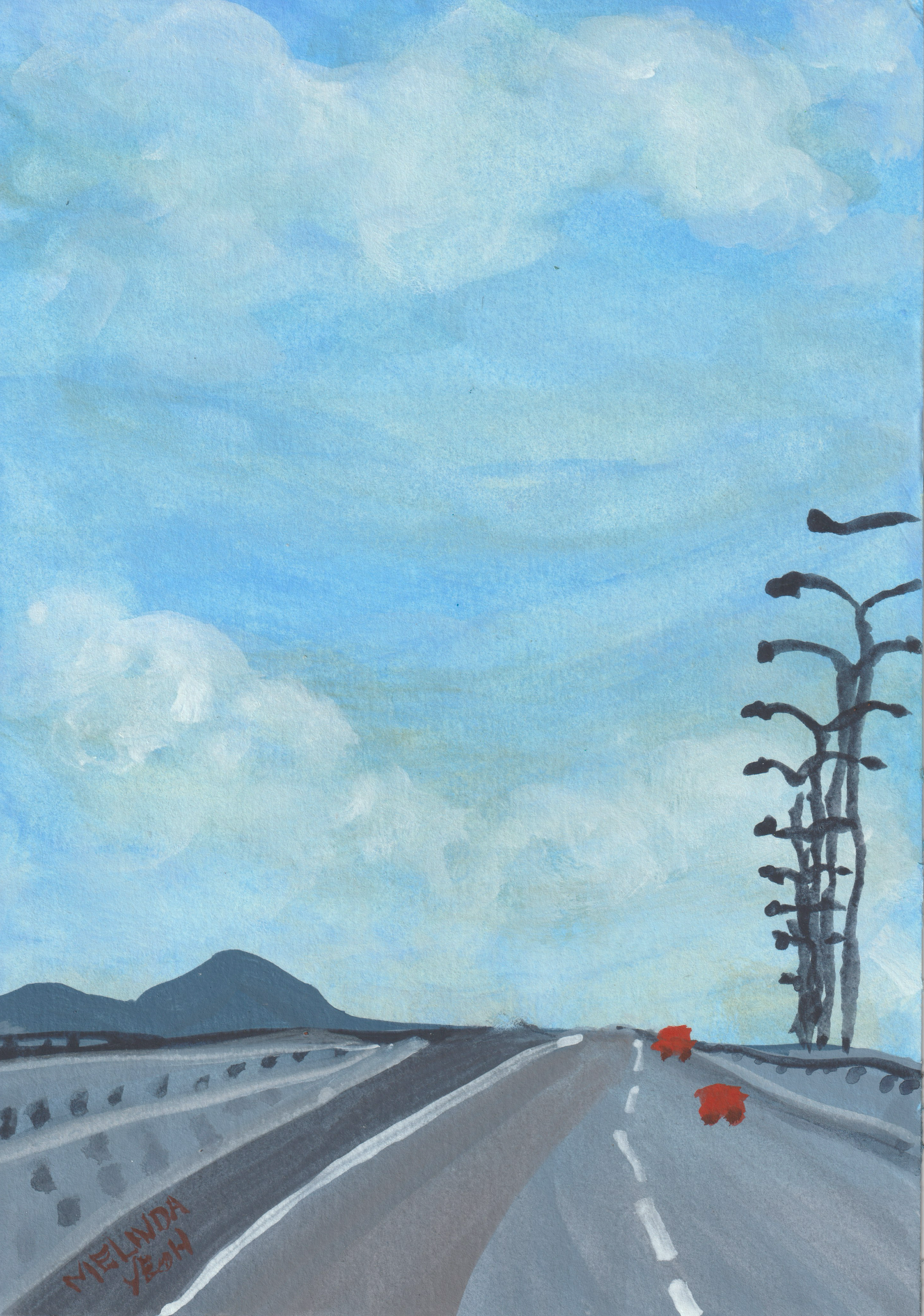 Painting of Penang Second Bridge with light poles on the side and a blue sky with clouds.