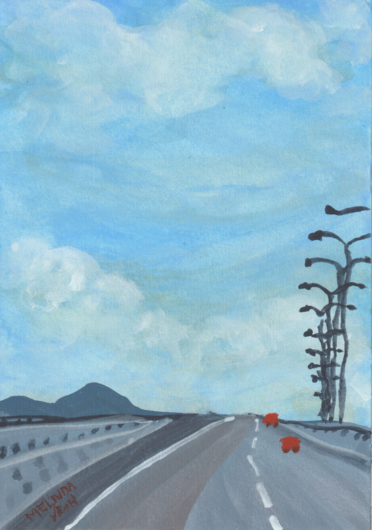 Painting of Penang Second Bridge with light poles on the side and a blue sky with clouds.