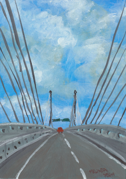 Painting of Penang Second Bridge with a red car under a blue sky with clouds