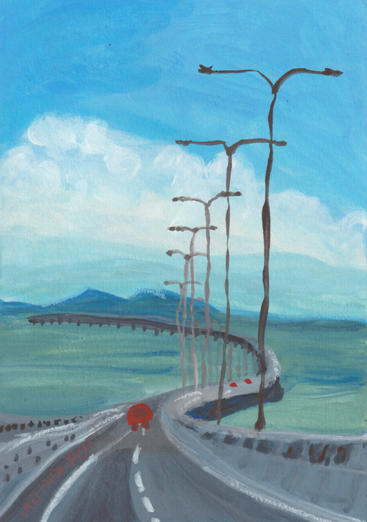 Painting of Penang Second bridge with lights and hills in the background