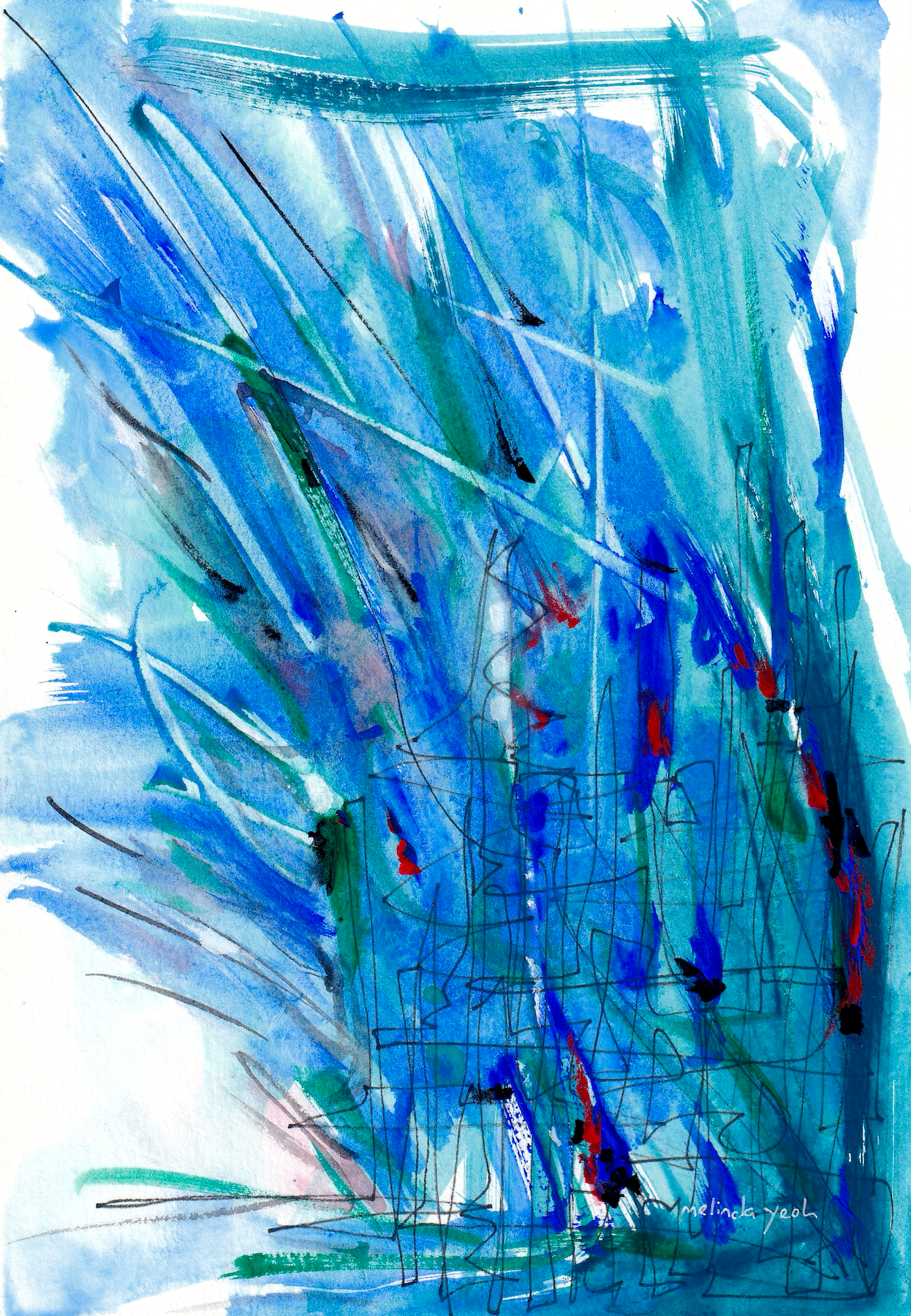 image: acrylic gouache and pen bstract painting blue and colourful