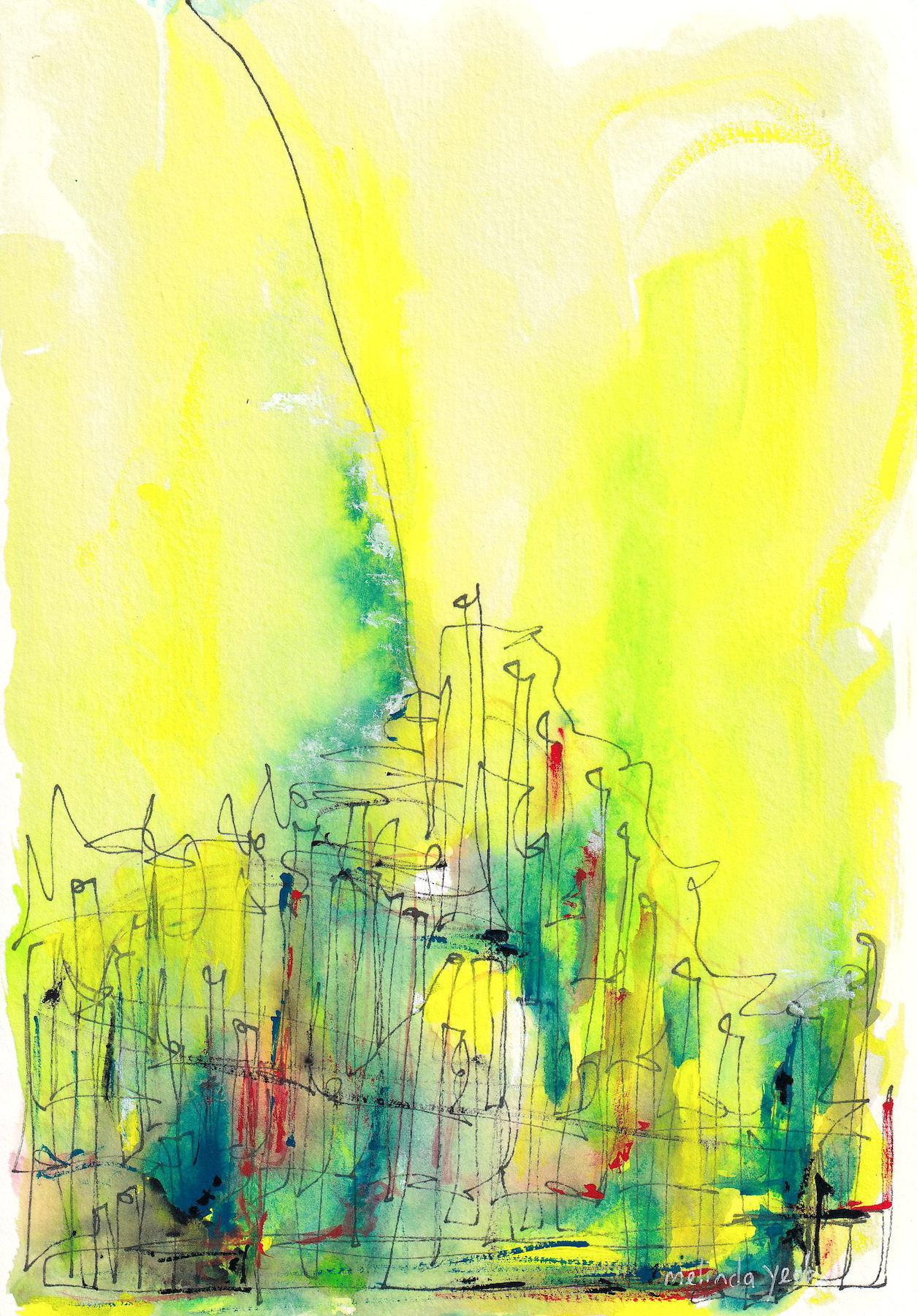 image: acrylic gouache and pen abstract painting green, yellow  and colourful