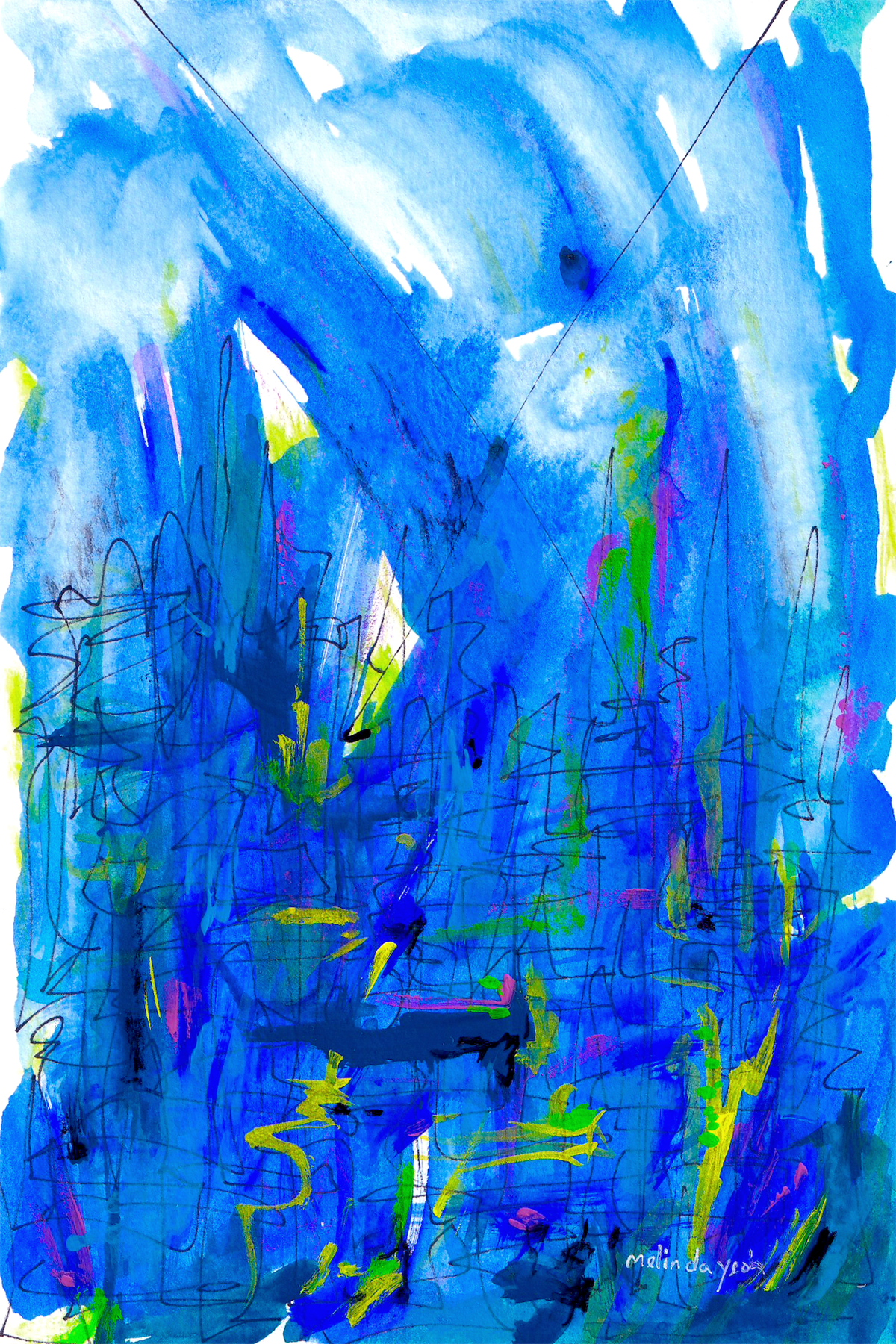 image: acrylic gouache and pen abstract painting blue and colourful