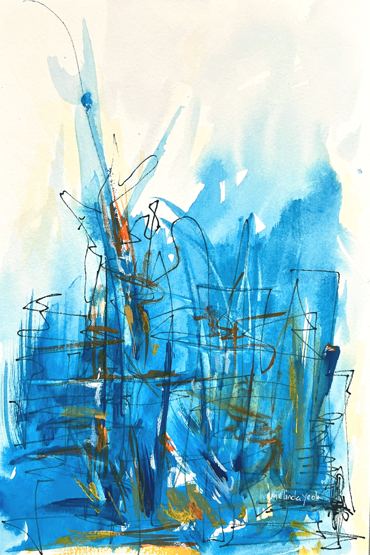 image: acrylic gouache and pen abstract painting blue and orange