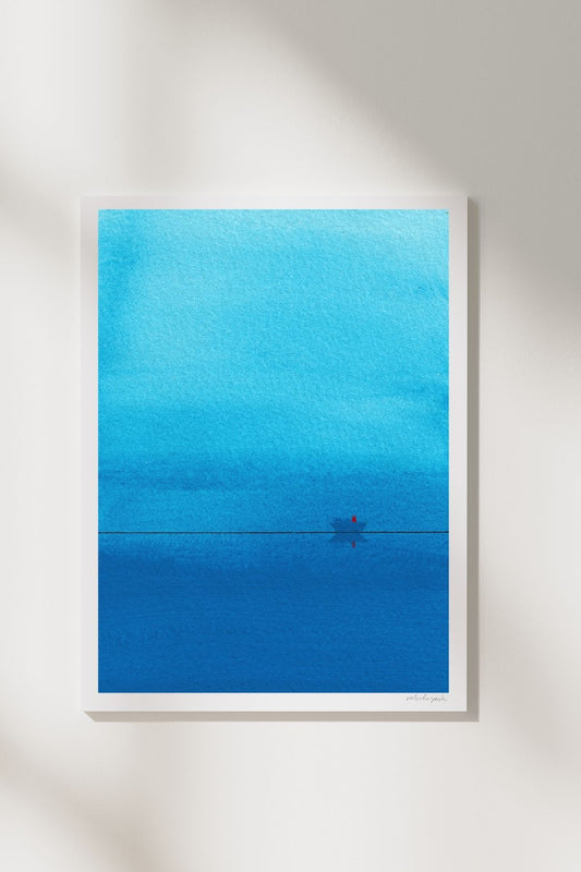 There Was A Great Calm – Semi-abstract fine art print with deep blues tones, evoking peace and stillness.