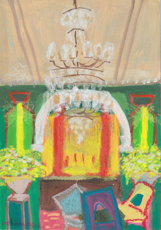 Colourful painting of 32 Mansion Penang interior with a chandelier 