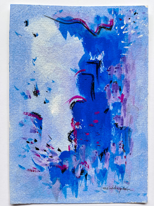 Abstract painting with blue, pink, and white colors on a light blue background