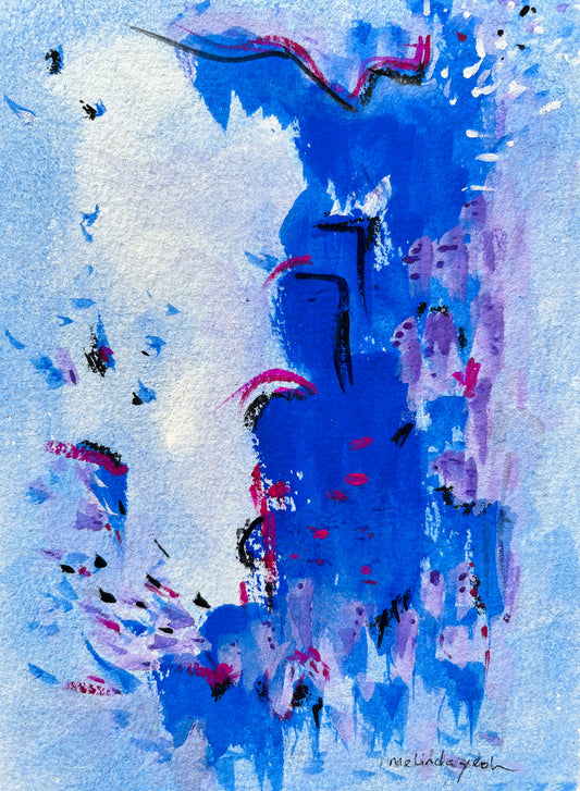 Abstract art piece with blue, purple, and white colors on a light blue background