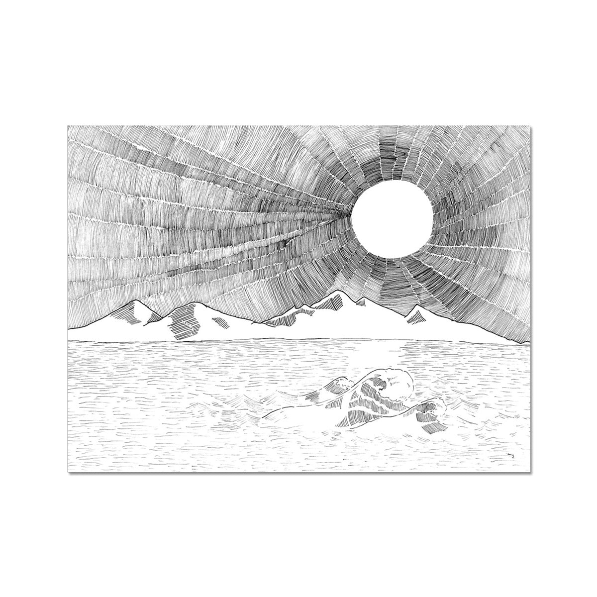 Image: line drawing landscape scenery of sea, mountain and a magnificent sun