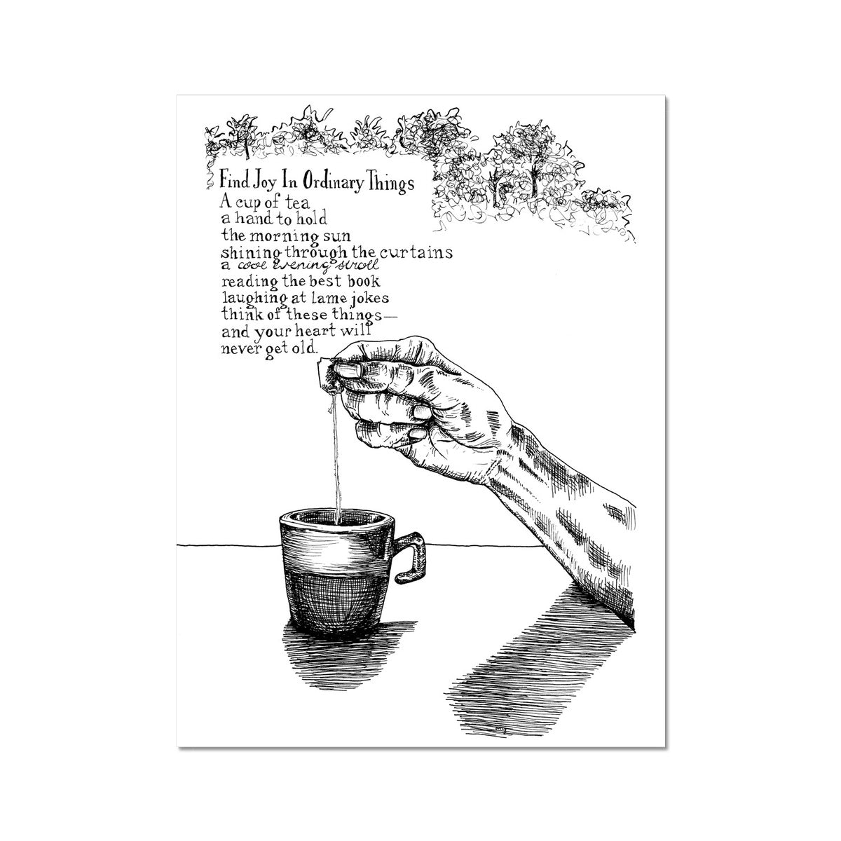 Image: line drawing of a hand and teacup with poem