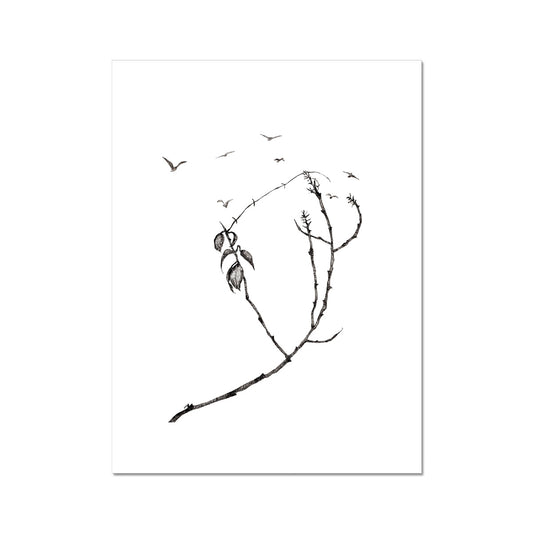 Image: line drawing of a tree branch with seven birds. Minimalist, zen, nature art