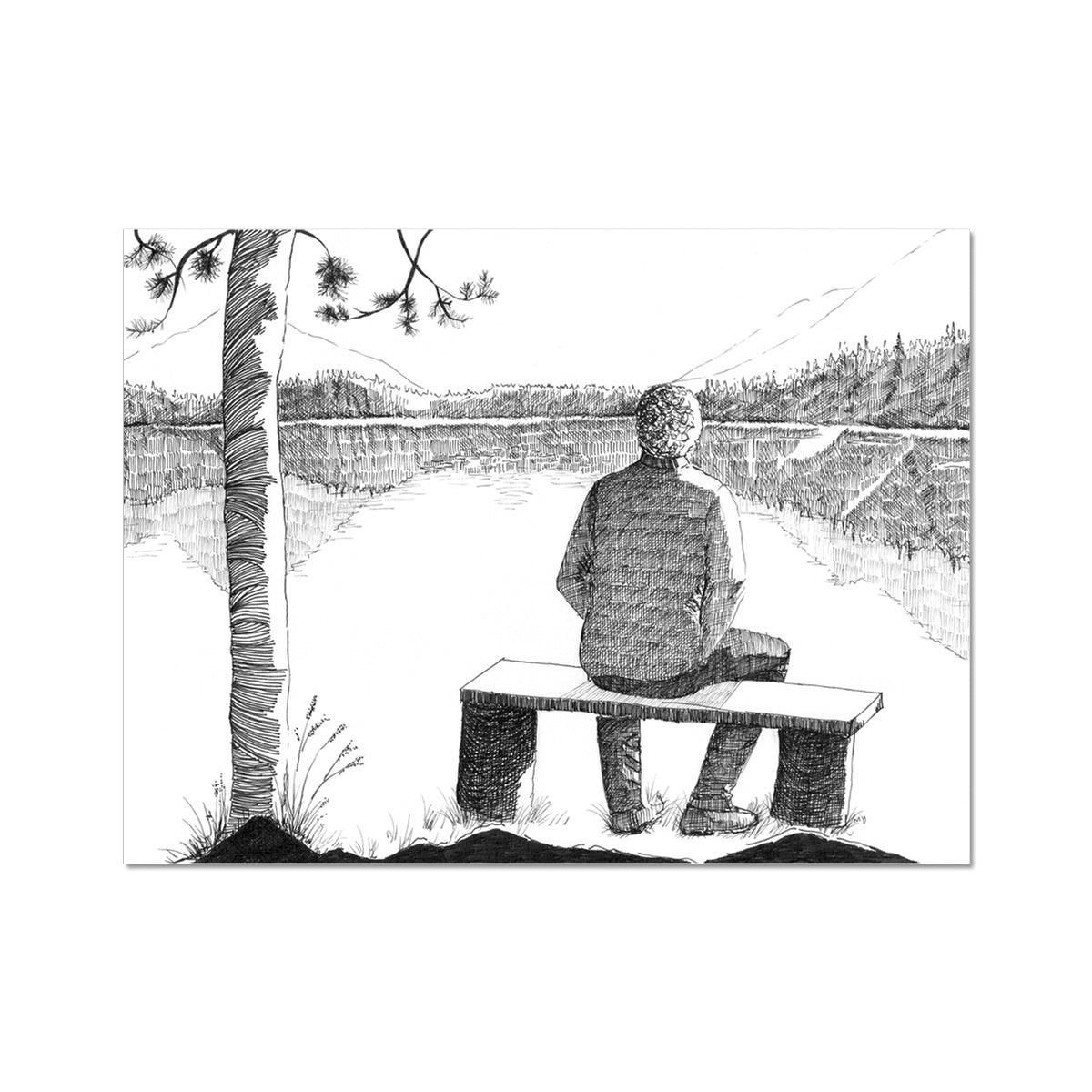 Image: line drawing landscape scenery of lake and mountain with a man seated on a bench