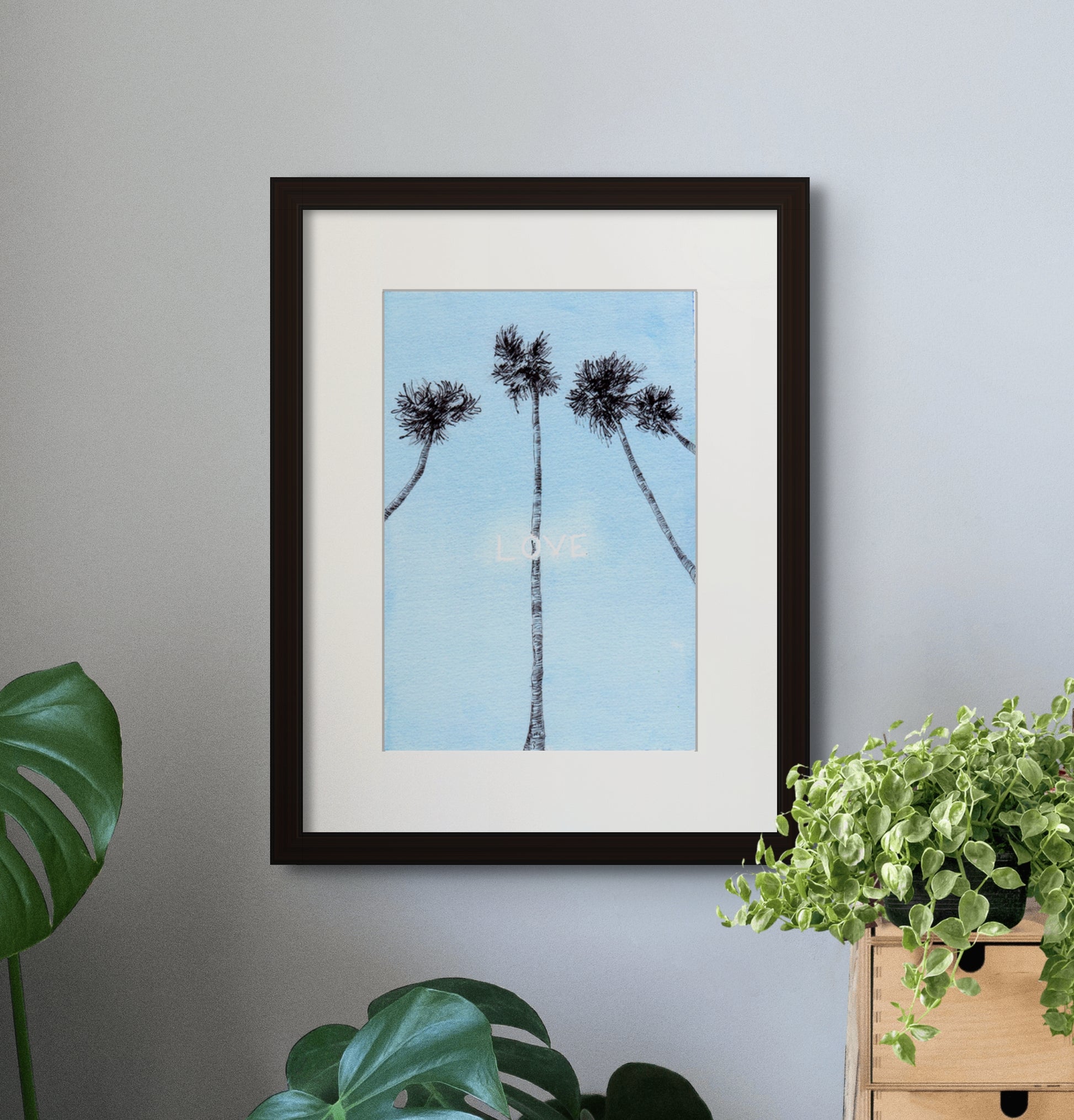 Image: Line drawing with watercolour giclée art print with black frame and cream colour mat of lanky trees in Jardins do Palácio de Cristal (Crystal Palace Garden) with a summer vibe. Set within the sceneries of Porto.